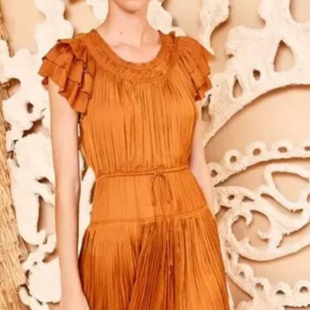 NWT ULLA JOHNSON Kalesta Pleated Satin Tie-Waist Midi-Dress in Bronze